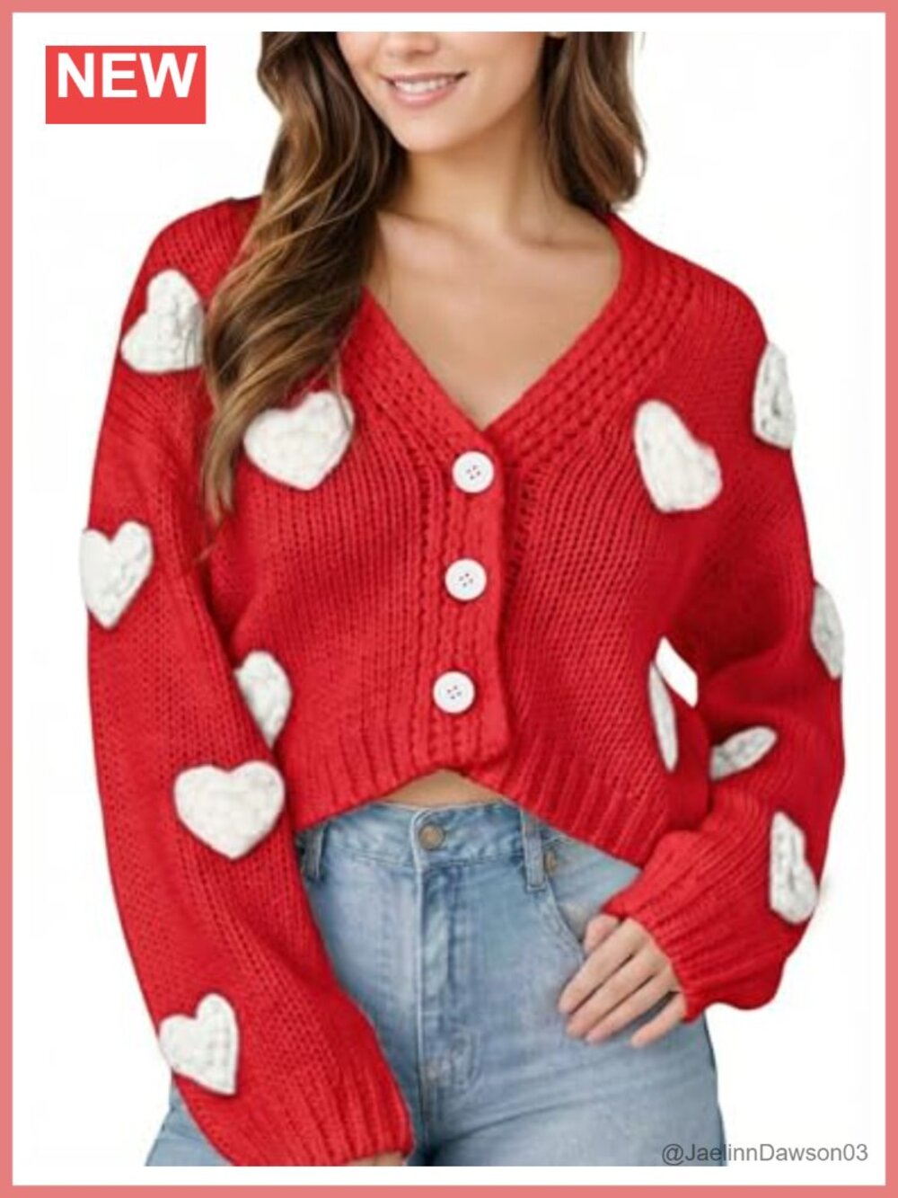 Women Cropped Heart Cardigan V-Neck Long Sleeve Sweater Valentine's Day